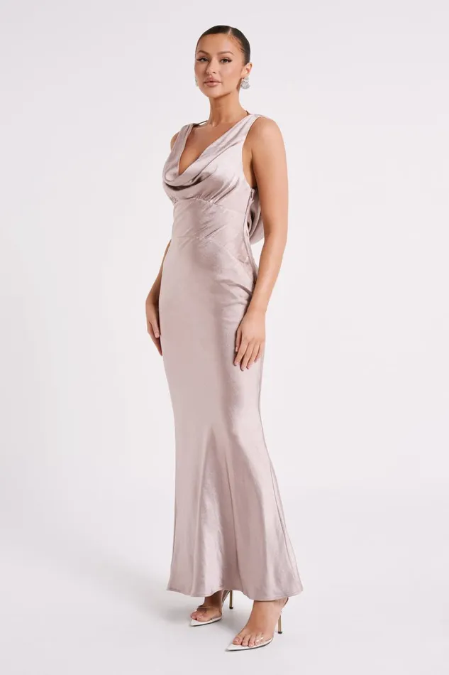 Meshki Maxi Dresses Women Angelique Satin Cowl Back Maxi Dress 8211 Taupe Taupe