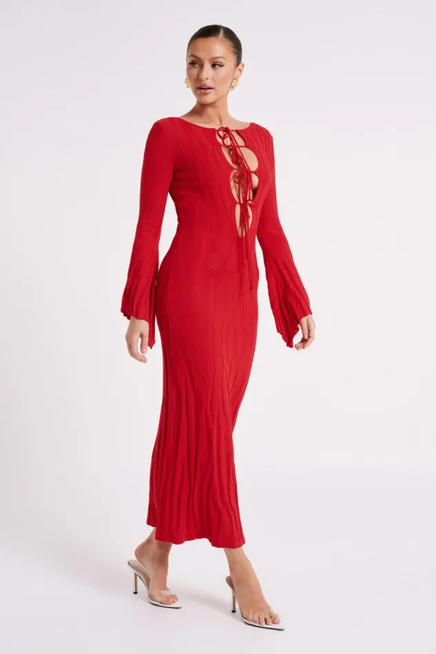 Meshki Maxi Dresses Women Brinley Long Sleeve Knit Maxi Dress 8211 Red Red