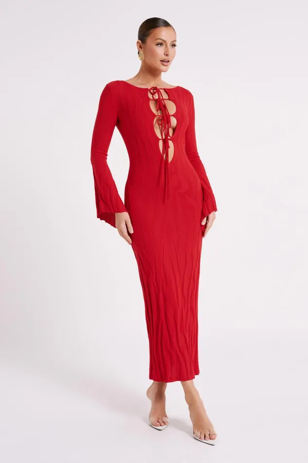 Meshki Maxi Dresses Women Brinley Long Sleeve Knit Maxi Dress 8211 Red Red