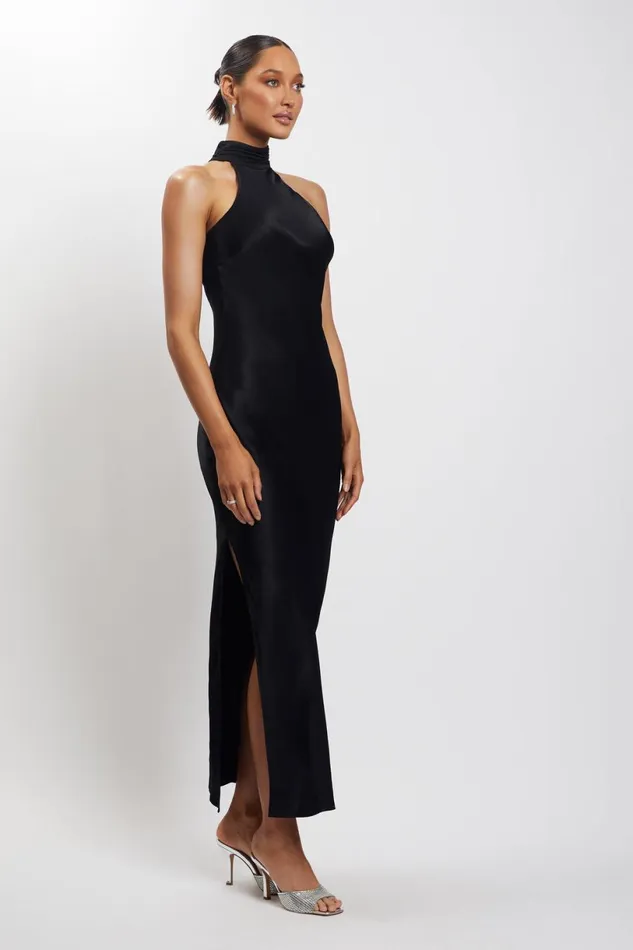 Meshki Maxi Dresses Women Claire Satin Drape Back Maxi Dress With Split 8211 Black Black