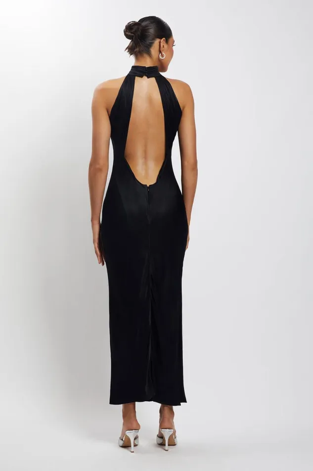 Meshki Maxi Dresses Women Claire Satin Drape Back Maxi Dress With Split 8211 Black Black