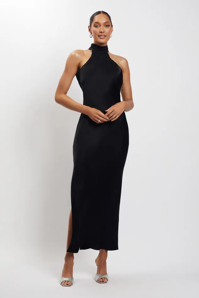 Meshki Maxi Dresses Women Claire Satin Drape Back Maxi Dress With Split 8211 Black Black