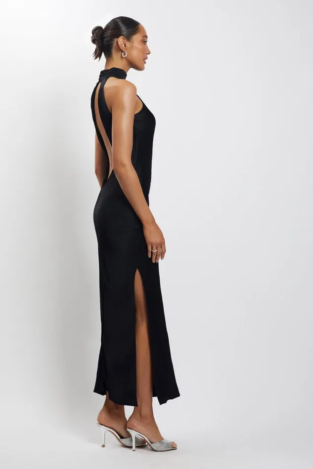 Meshki Maxi Dresses Women Claire Satin Drape Back Maxi Dress With Split 8211 Black Black