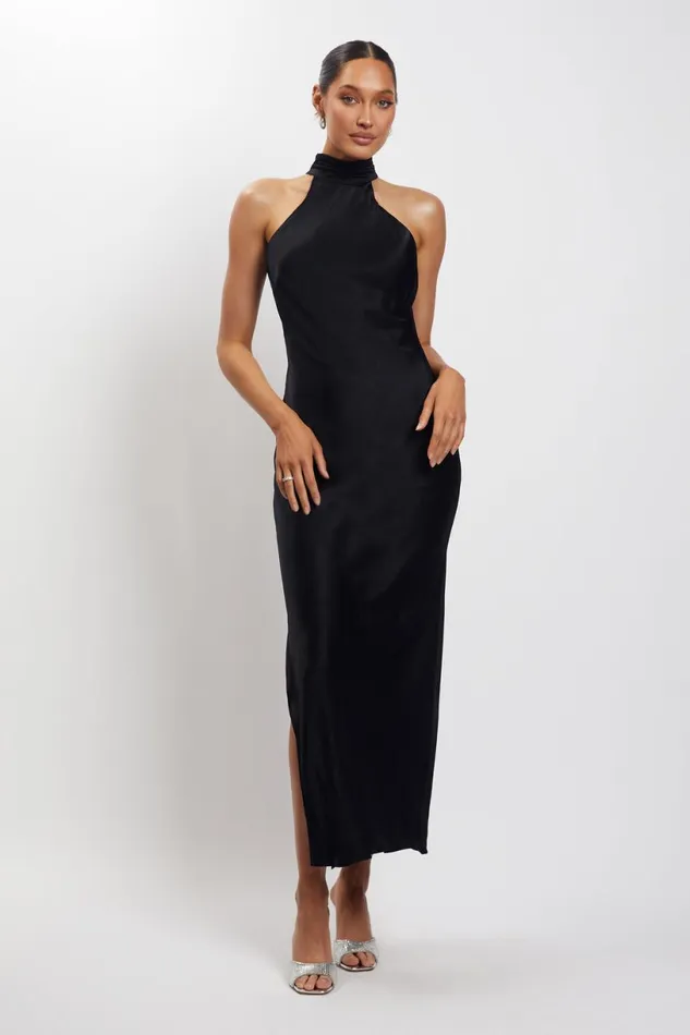 Meshki Maxi Dresses Women Claire Satin Drape Back Maxi Dress With Split 8211 Black Black