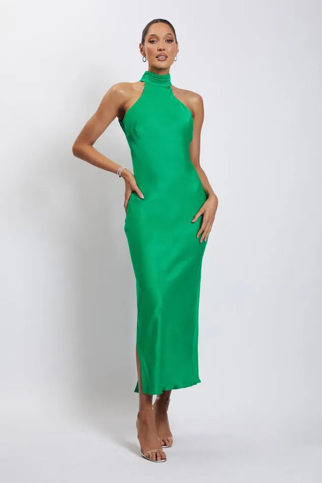Meshki Maxi Dresses Women Claire Satin Drape Back Maxi Dress With Split 8211 Green Green
