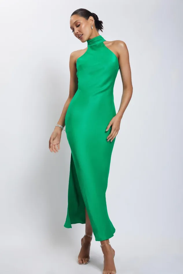 Meshki Maxi Dresses Women Claire Satin Drape Back Maxi Dress With Split 8211 Green Green