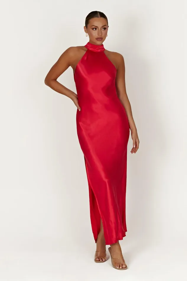 Meshki Maxi Dresses Women Claire Satin Drape Back Maxi Dress With Split 8211 Red Red Meshki Maxi Dresses Women Claire Satin Drape Back Maxi Dress With Split 8211 Red Red