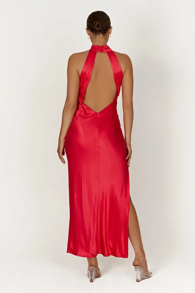Meshki Maxi Dresses Women Claire Satin Drape Back Maxi Dress With Split 8211 Red Red