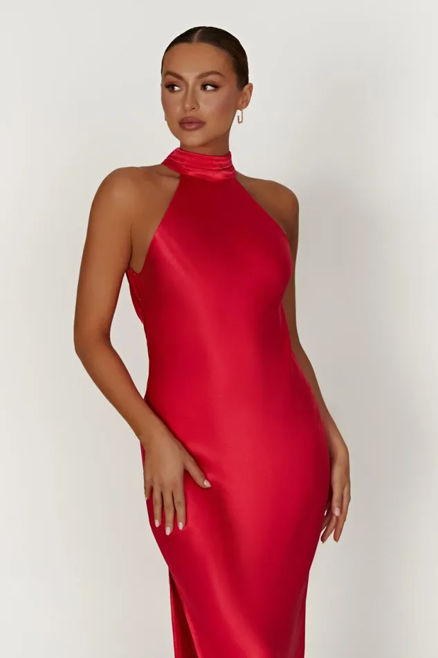 Meshki Maxi Dresses Women Claire Satin Drape Back Maxi Dress With Split 8211 Red Red