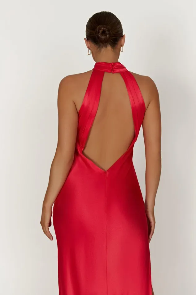Meshki Maxi Dresses Women Claire Satin Drape Back Maxi Dress With Split 8211 Red Red