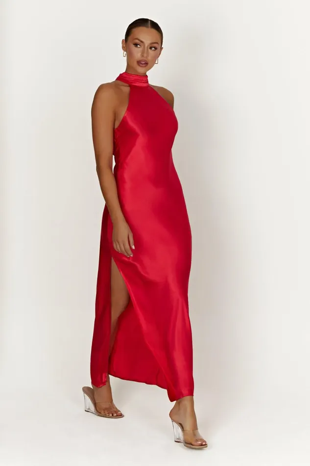 Meshki Maxi Dresses Women Claire Satin Drape Back Maxi Dress With Split 8211 Red Red
