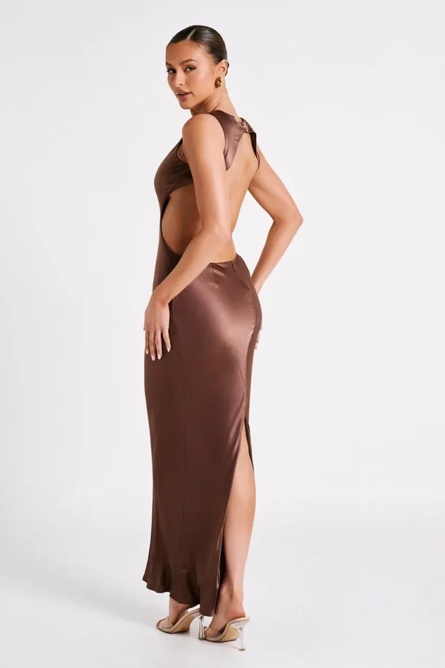 Meshki Maxi Dresses Women Electra Satin Cut Out Maxi Dress 8211 Mocha Mocha