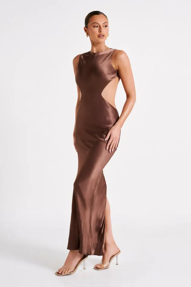 Meshki Maxi Dresses Women Electra Satin Cut Out Maxi Dress 8211 Mocha Mocha