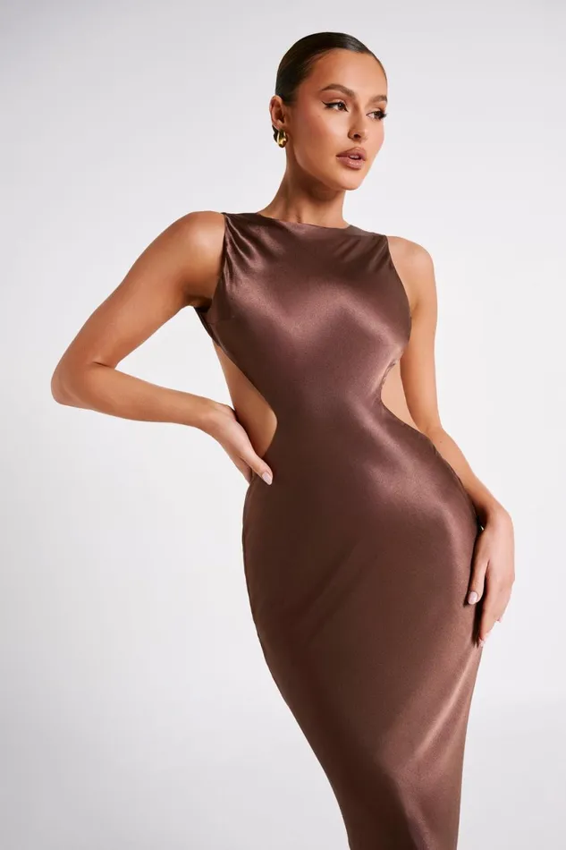 Meshki Maxi Dresses Women Electra Satin Cut Out Maxi Dress 8211 Mocha Mocha