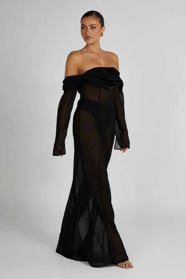 Meshki Maxi Dresses Women Ivanna Off Shoulder Chiffon Maxi Dress 8211 Black Black