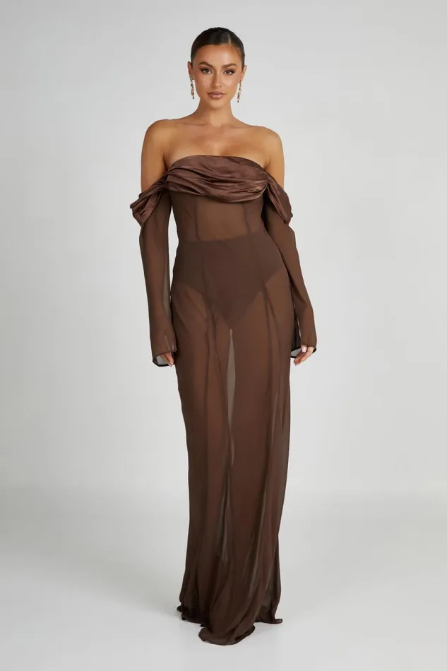 Meshki Maxi Dresses Women Ivanna Off Shoulder Chiffon Maxi Dress 8211 Mocha Mocha Meshki Maxi Dresses Women Ivanna Off Shoulder Chiffon Maxi Dress 8211 Mocha Mocha