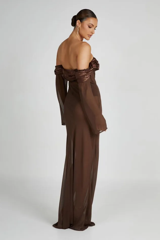 Meshki Maxi Dresses Women Ivanna Off Shoulder Chiffon Maxi Dress 8211 Mocha Mocha