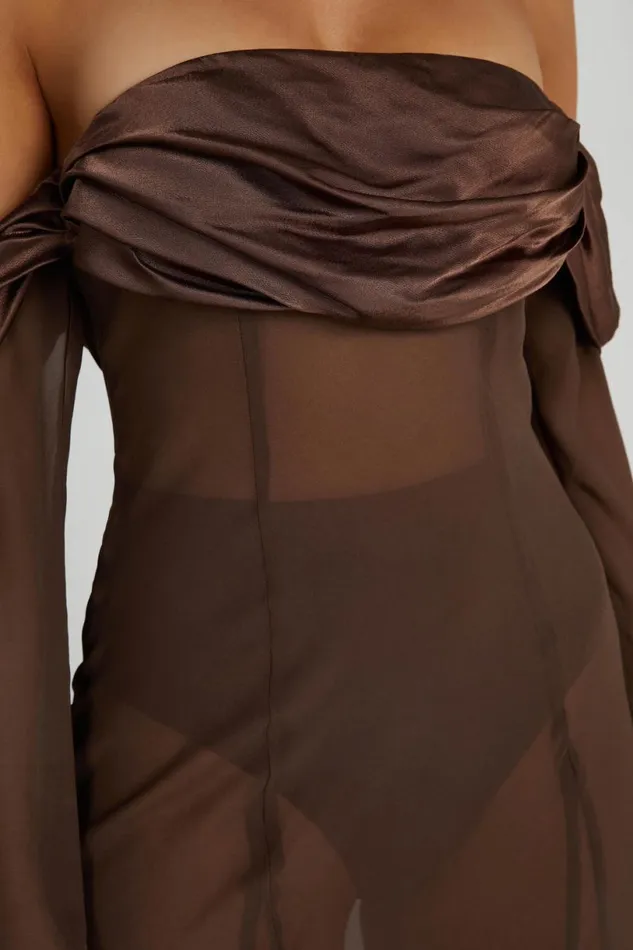 Meshki Maxi Dresses Women Ivanna Off Shoulder Chiffon Maxi Dress 8211 Mocha Mocha