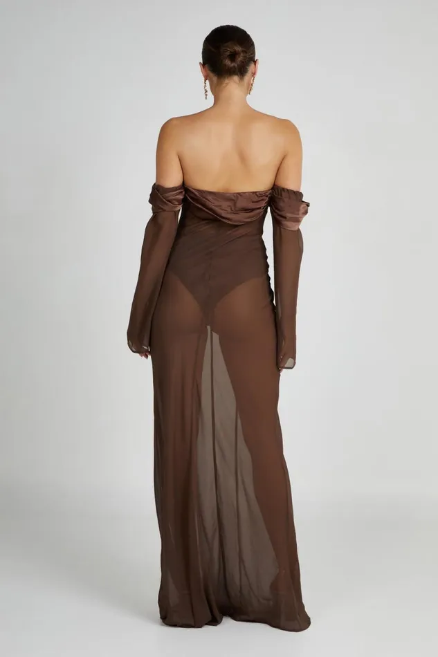 Meshki Maxi Dresses Women Ivanna Off Shoulder Chiffon Maxi Dress 8211 Mocha Mocha