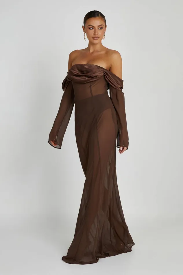 Meshki Maxi Dresses Women Ivanna Off Shoulder Chiffon Maxi Dress 8211 Mocha Mocha