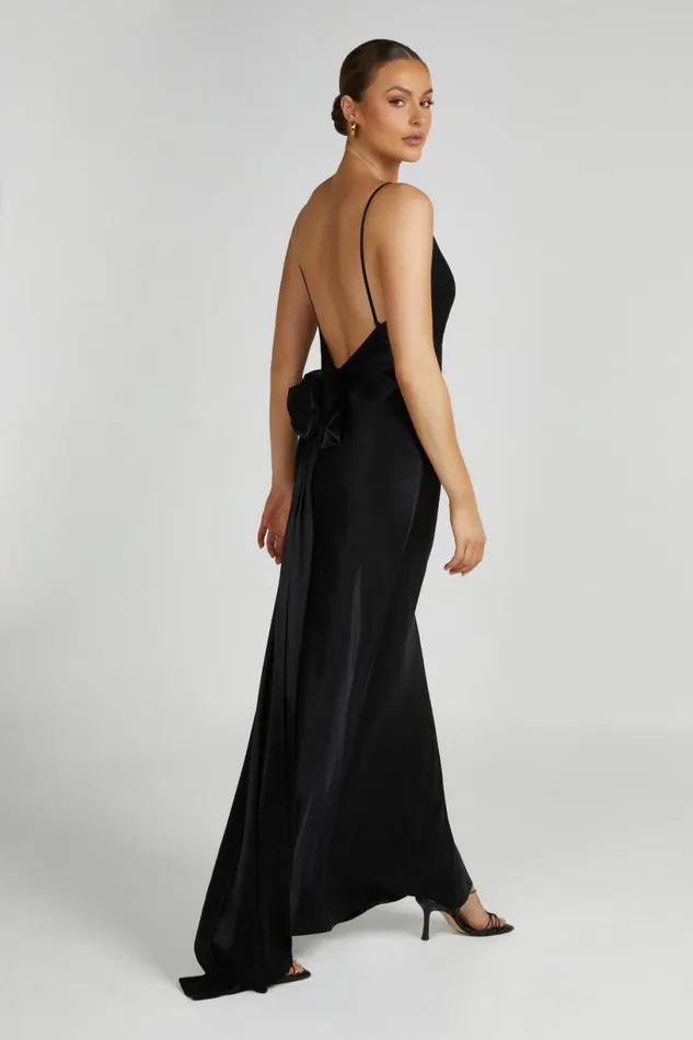 Meshki Maxi Dresses Women Kailey Low Back Maxi Dress With Detachable Bow Train 8211 Black Black