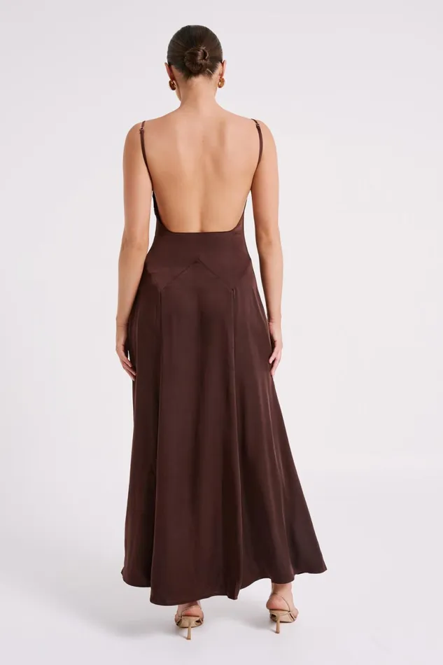 Meshki Maxi Dresses Women Kamala Low Back Satin Maxi Dress 8211 Dark Chocolate Darkchocolate