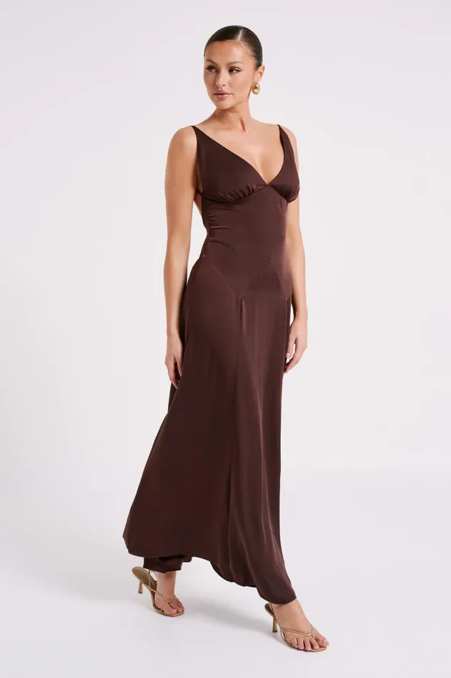 Meshki Maxi Dresses Women Kamala Low Back Satin Maxi Dress 8211 Dark Chocolate Darkchocolate