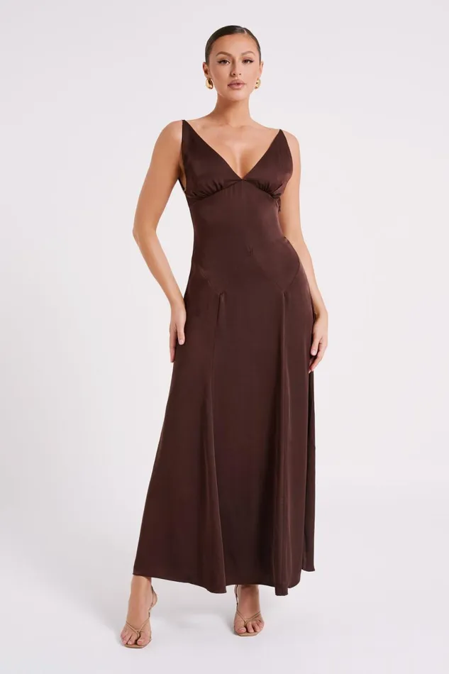 Meshki Maxi Dresses Women Kamala Low Back Satin Maxi Dress 8211 Dark Chocolate Darkchocolate