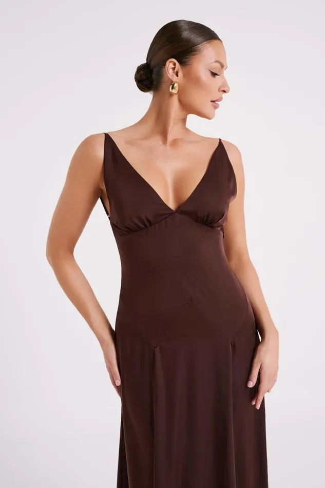 Meshki Maxi Dresses Women Kamala Low Back Satin Maxi Dress 8211 Dark Chocolate Darkchocolate
