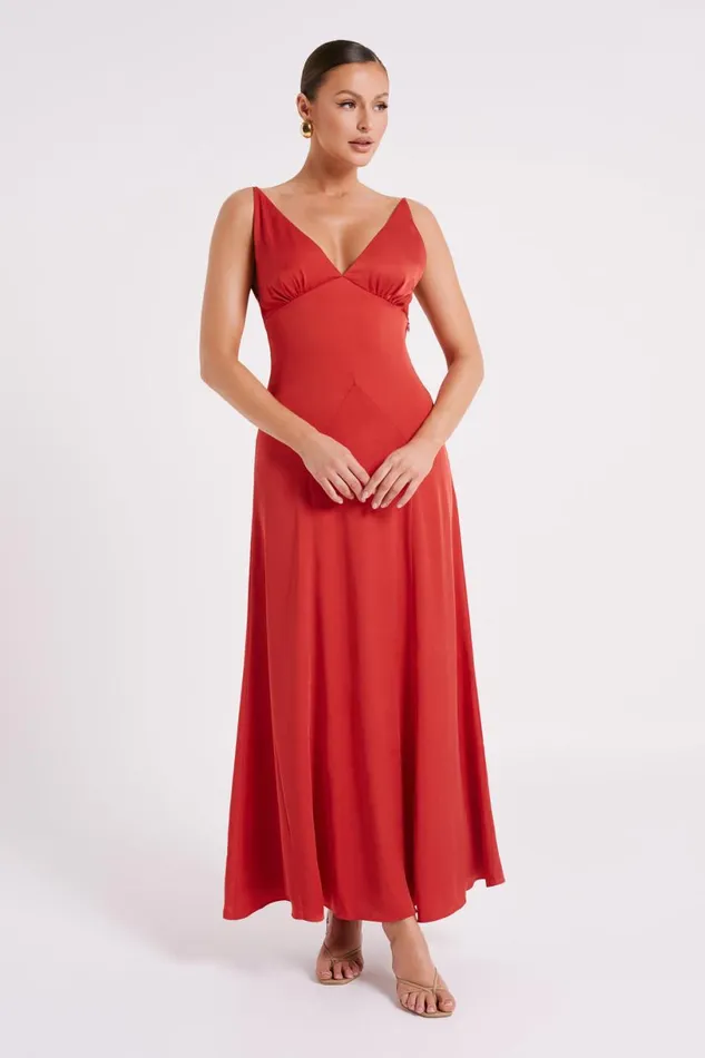 Meshki Maxi Dresses Women Kamala Low Back Satin Maxi Dress 8211 Red Red