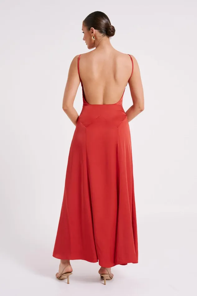 Meshki Maxi Dresses Women Kamala Low Back Satin Maxi Dress 8211 Red Red