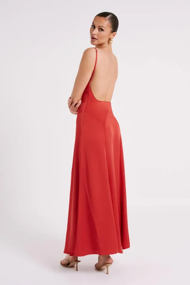 Meshki Maxi Dresses Women Kamala Low Back Satin Maxi Dress 8211 Red Red