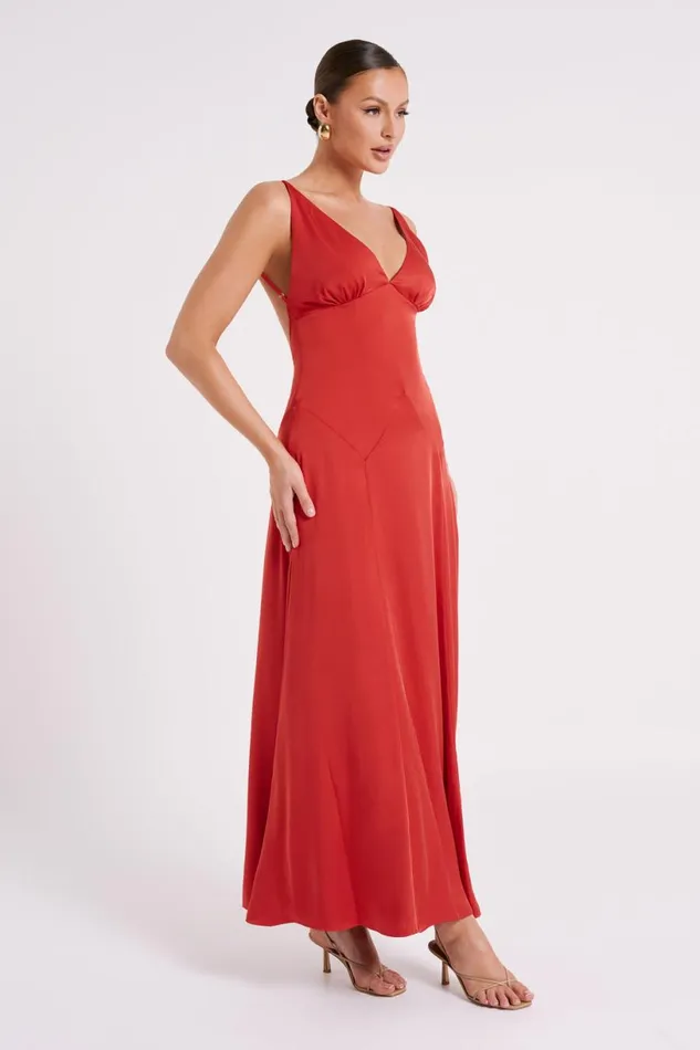 Meshki Maxi Dresses Women Kamala Low Back Satin Maxi Dress 8211 Red Red