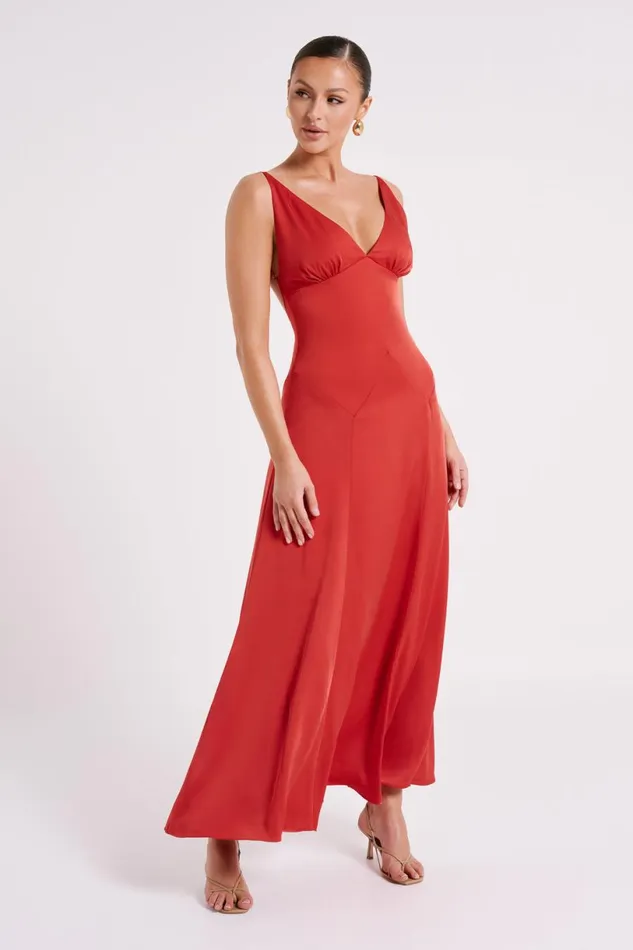 Meshki Maxi Dresses Women Kamala Low Back Satin Maxi Dress 8211 Red Red
