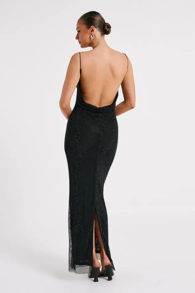 Meshki Maxi Dresses Women Madelaine Diamante Mesh Cowl Maxi Dress 8211 Black Black