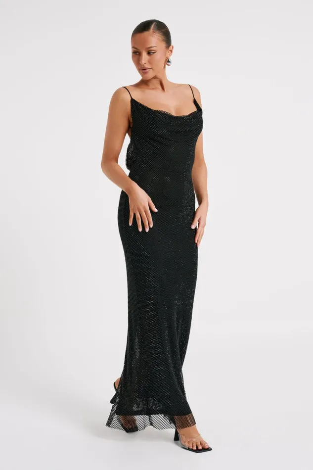 Meshki Maxi Dresses Women Madelaine Diamante Mesh Cowl Maxi Dress 8211 Black Black