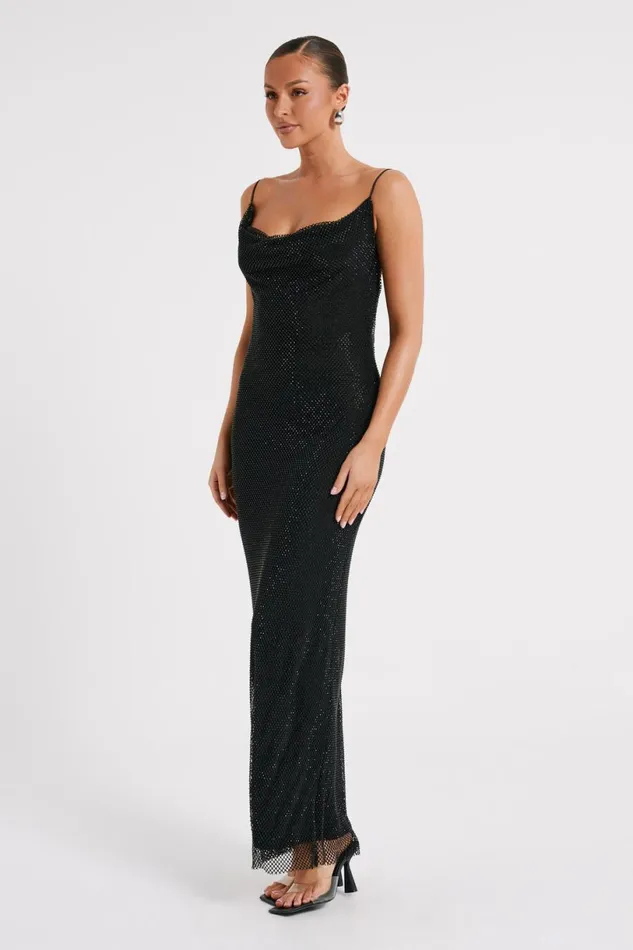 Meshki Maxi Dresses Women Madelaine Diamante Mesh Cowl Maxi Dress 8211 Black Black