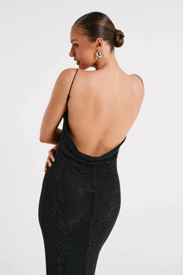 Meshki Maxi Dresses Women Madelaine Diamante Mesh Cowl Maxi Dress 8211 Black Black