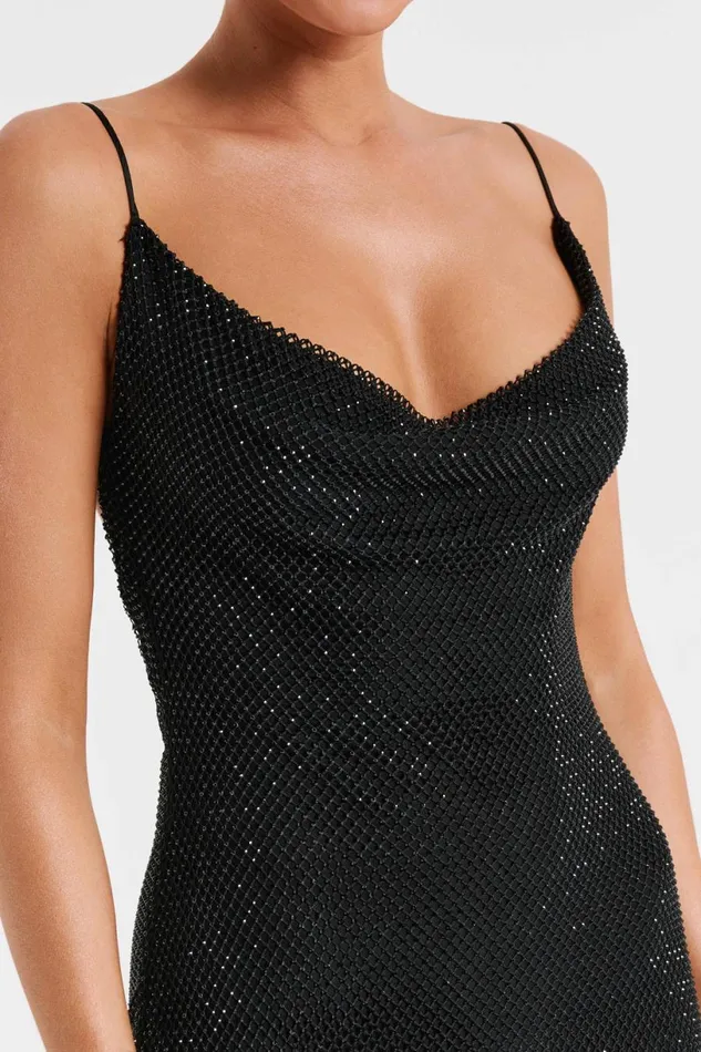 Meshki Maxi Dresses Women Madelaine Diamante Mesh Cowl Maxi Dress 8211 Black Black