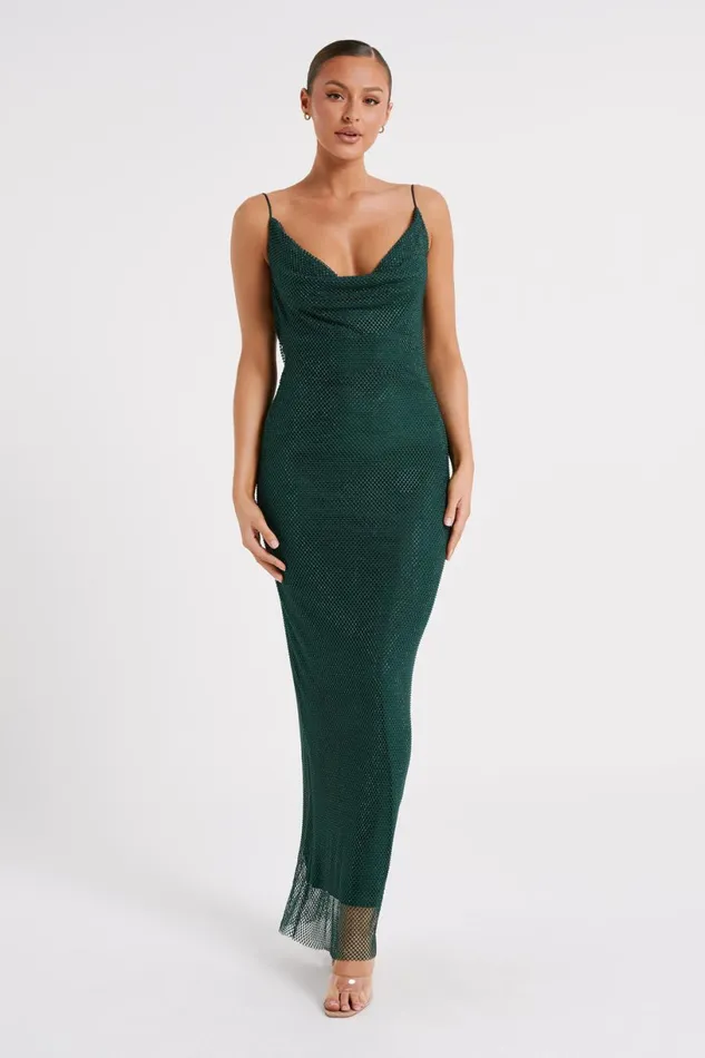 Meshki Maxi Dresses Women Madelaine Diamante Mesh Cowl Maxi Dress 8211 Emerald Emerald Meshki Maxi Dresses Women Madelaine Diamante Mesh Cowl Maxi Dress 8211 Emerald Emerald