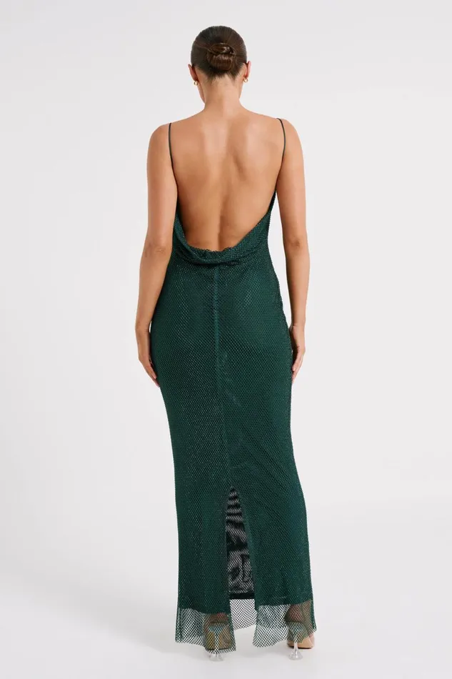 Meshki Maxi Dresses Women Madelaine Diamante Mesh Cowl Maxi Dress 8211 Emerald Emerald