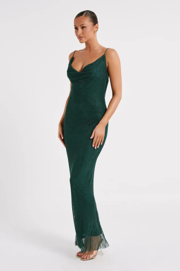 Meshki Maxi Dresses Women Madelaine Diamante Mesh Cowl Maxi Dress 8211 Emerald Emerald