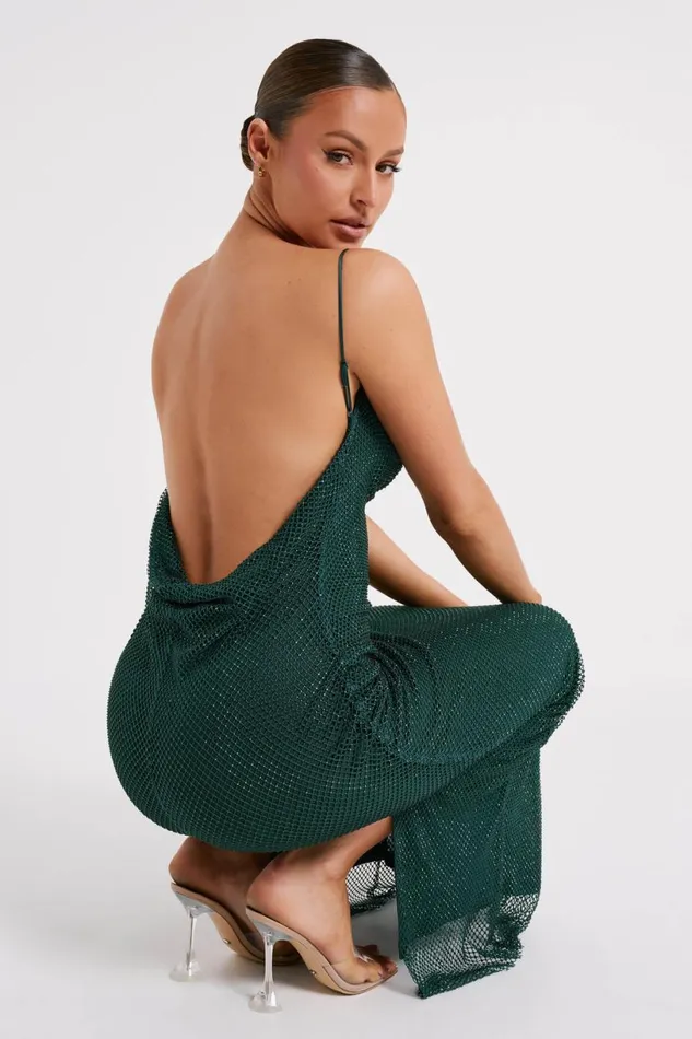 Meshki Maxi Dresses Women Madelaine Diamante Mesh Cowl Maxi Dress 8211 Emerald Emerald
