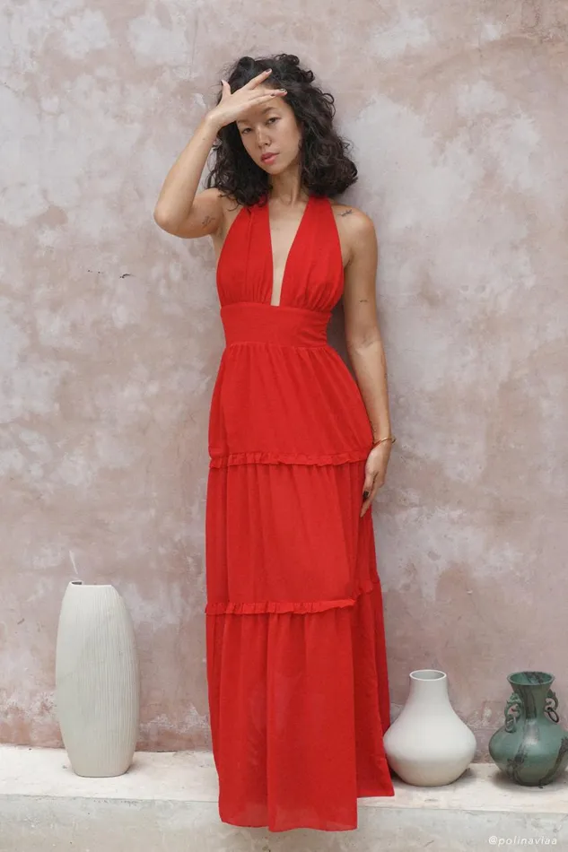 Meshki Maxi Dresses Women Marianna Tiered Halter Maxi Dress 8211 Vermilion Red Vermilionred Meshki Maxi Dresses Women Marianna Tiered Halter Maxi Dress 8211 Vermilion Red Vermilionred