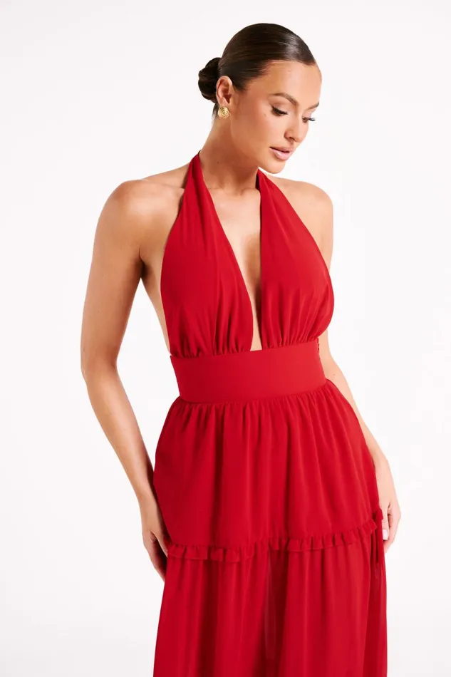 Meshki Maxi Dresses Women Marianna Tiered Halter Maxi Dress 8211 Vermilion Red Vermilionred
