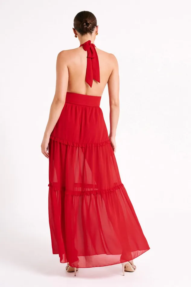 Meshki Maxi Dresses Women Marianna Tiered Halter Maxi Dress 8211 Vermilion Red Vermilionred