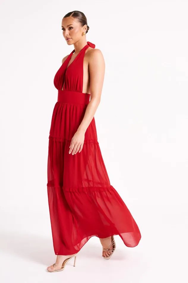 Meshki Maxi Dresses Women Marianna Tiered Halter Maxi Dress 8211 Vermilion Red Vermilionred