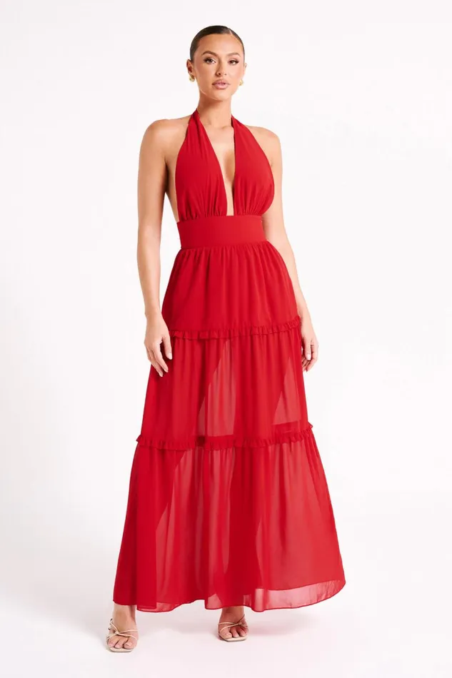 Meshki Maxi Dresses Women Marianna Tiered Halter Maxi Dress 8211 Vermilion Red Vermilionred