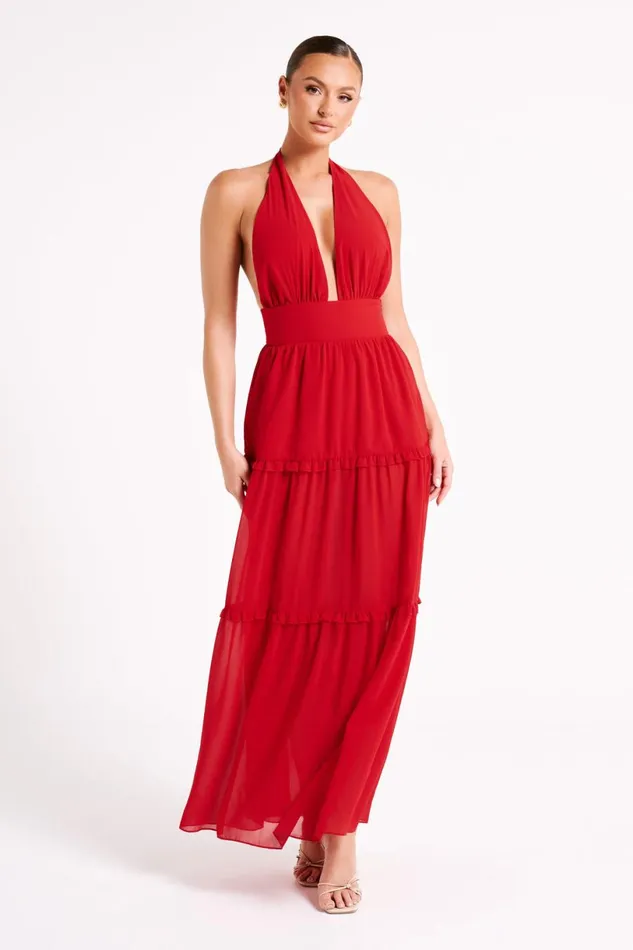 Meshki Maxi Dresses Women Marianna Tiered Halter Maxi Dress 8211 Vermilion Red Vermilionred