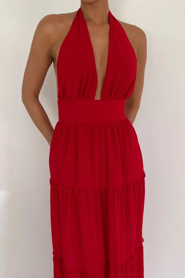 Meshki Maxi Dresses Women Marianna Tiered Halter Maxi Dress 8211 Vermilion Red Vermilionred